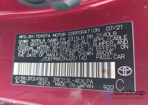 2022 Toyota Corolla Le from USA, damaged, VIN JTDEPMAE5NJ201140